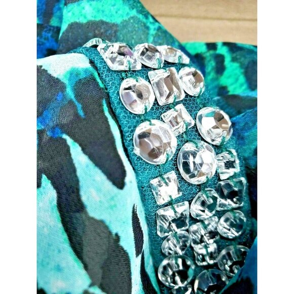 Rare Chico's Aqua Green Leopard Design Faux Diamond Rhinestone Button Up Shirt - Picture 12 of 12